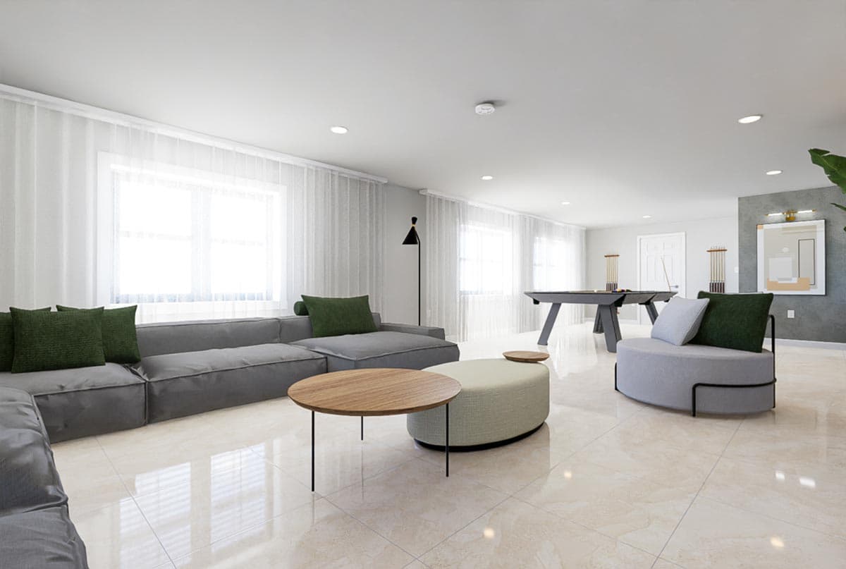 Rendering of a spacious recreation room with sectional sofa, pool table, and modern seating.