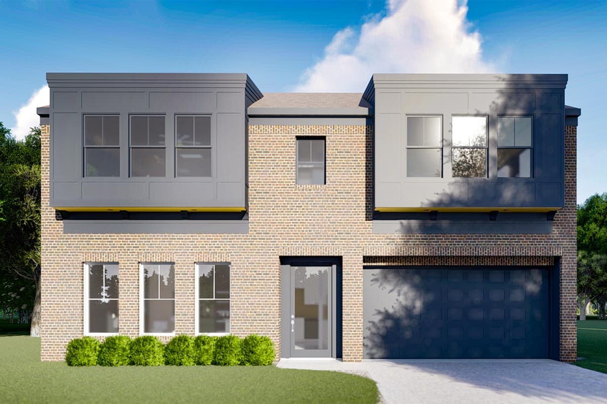 House plan exterior. Two-story Modern house with brick facade and flat roof. Features include a garage, box windows, and a portico above the entry.