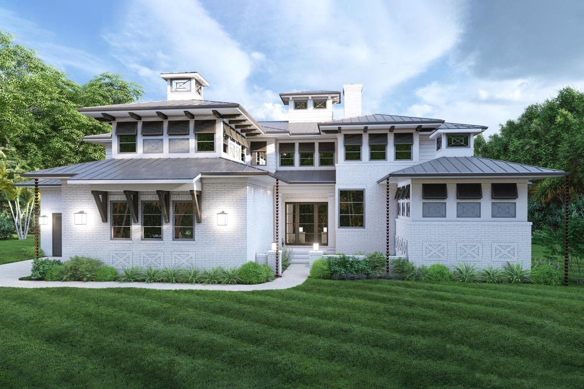 House plan exterior featuring a two-story design with a flat roof, dormers, and a brick facade. The home has a symmetrical layout.
