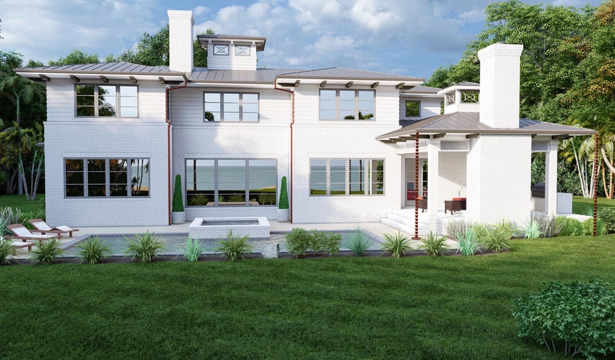House plan exterior of a two-story Modern home with white brick and horizontal siding, metal roof, multiple gables, and a covered lanai.