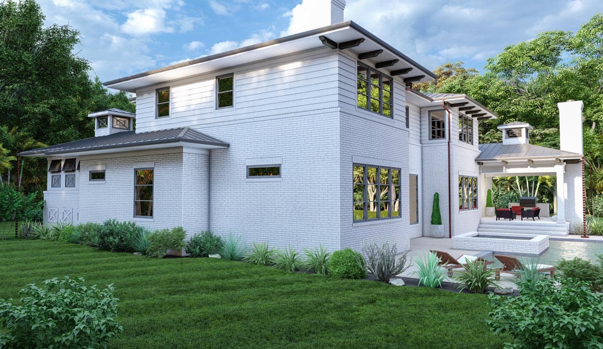 House plan exterior: Two-story Modern style with white brick and horizontal siding, deep overhangs, and covered patio with fireplace.