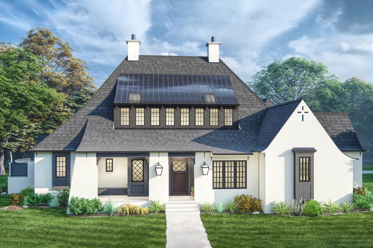 House plan exterior with two stories and a dark gray roof. Features include a covered porch, multiple gables, and dormers with small windows.