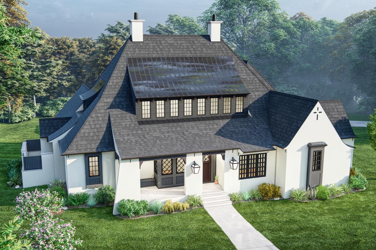 House plan exterior with stucco walls, complex rooflines, dormers, and a covered porch.