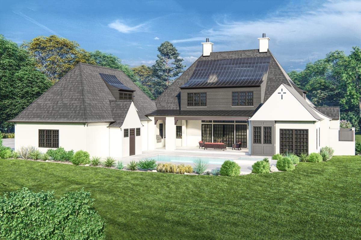 House plan exterior. Modern Tudor style, two stories, gabled roof with dormers, covered patio, and pool.