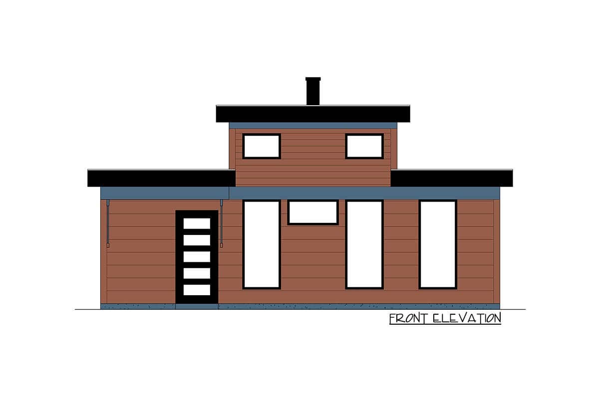 Front elevation drawing of a two-story house plan with a flat roof, horizontal siding, and a central chimney.