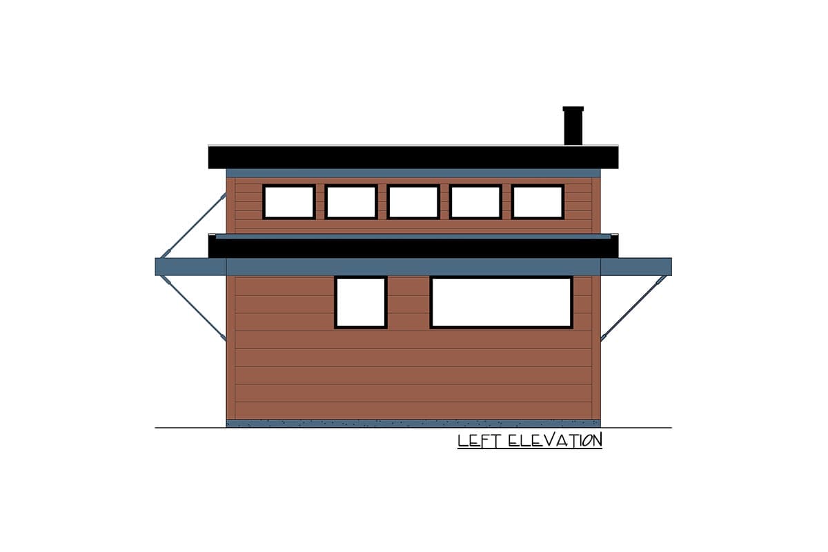 Left elevation of a house plan showing two stories, horizontal siding, a flat roof, and multiple windows.