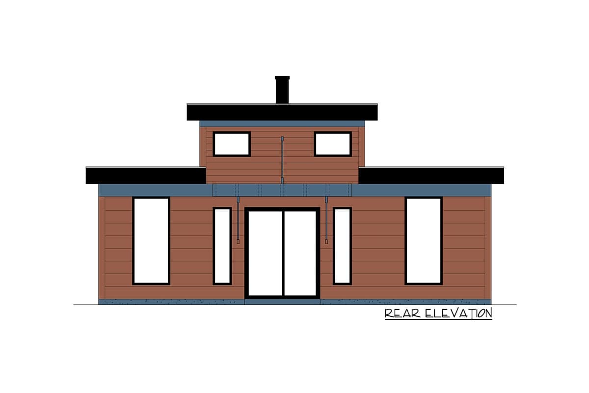 Rear elevation of a house plan featuring horizontal siding, a chimney, double doors, and multiple windows.
