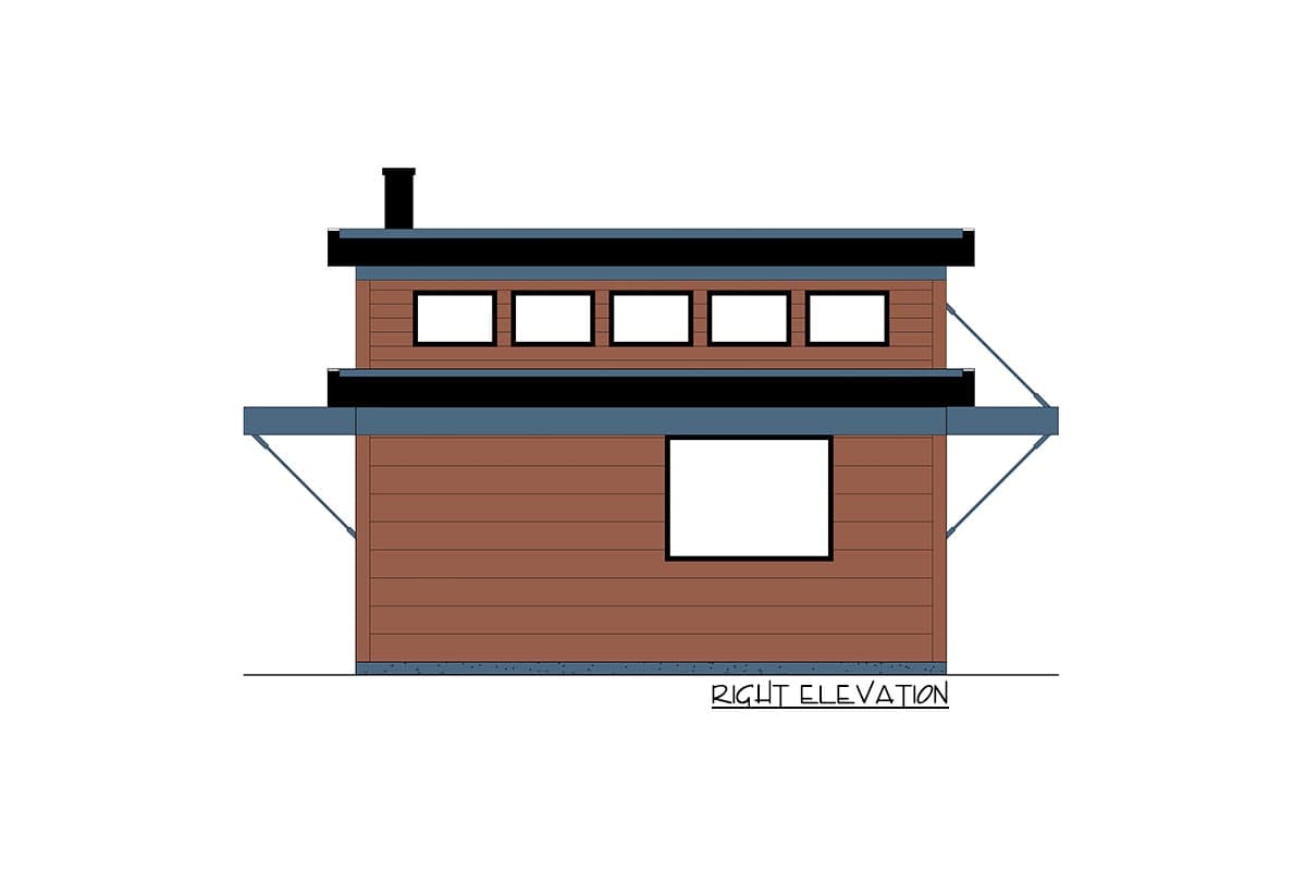 Right elevation drawing of a house plan showing a rectangular structure with horizontal siding, a prominent roofline, and multiple windows.