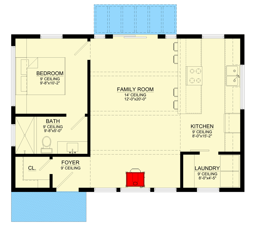 Plan 550001LAN: 651 Square Foot Modern Cabin with 14' Ceilings - Floor Plan - Main Level - Cabin, Mid Century Modern, Modern