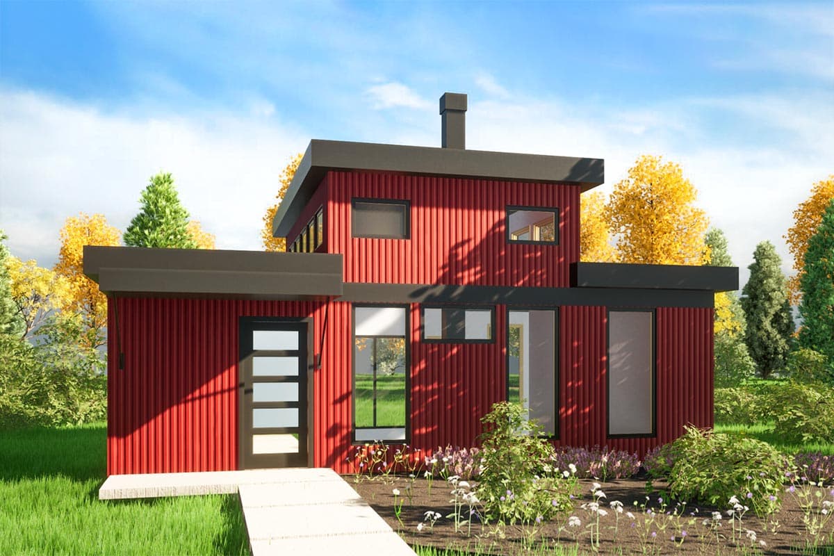 House plan exterior. Two-story modern style with flat roof, vertical siding, rectangular windows, and a chimney. Features an entrance walkway.