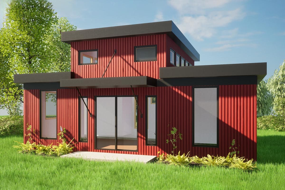 Modern two-story house plan exterior with red corrugated siding, flat dark roof, and numerous dark-framed windows.