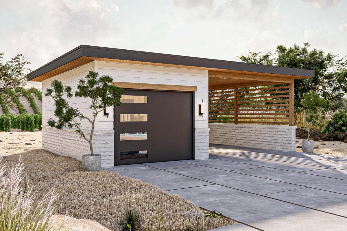 Modern house plan exterior featuring white horizontal siding, stone base, flat roof, and attached covered carport with wood slat screening.