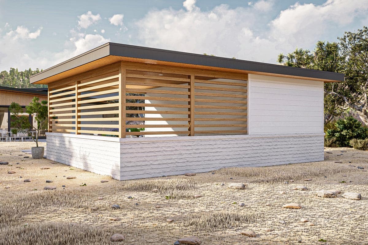 House plan exterior: Modern low-profile roof, slatted wood screen porch, white lap siding, and stacked stone foundation.