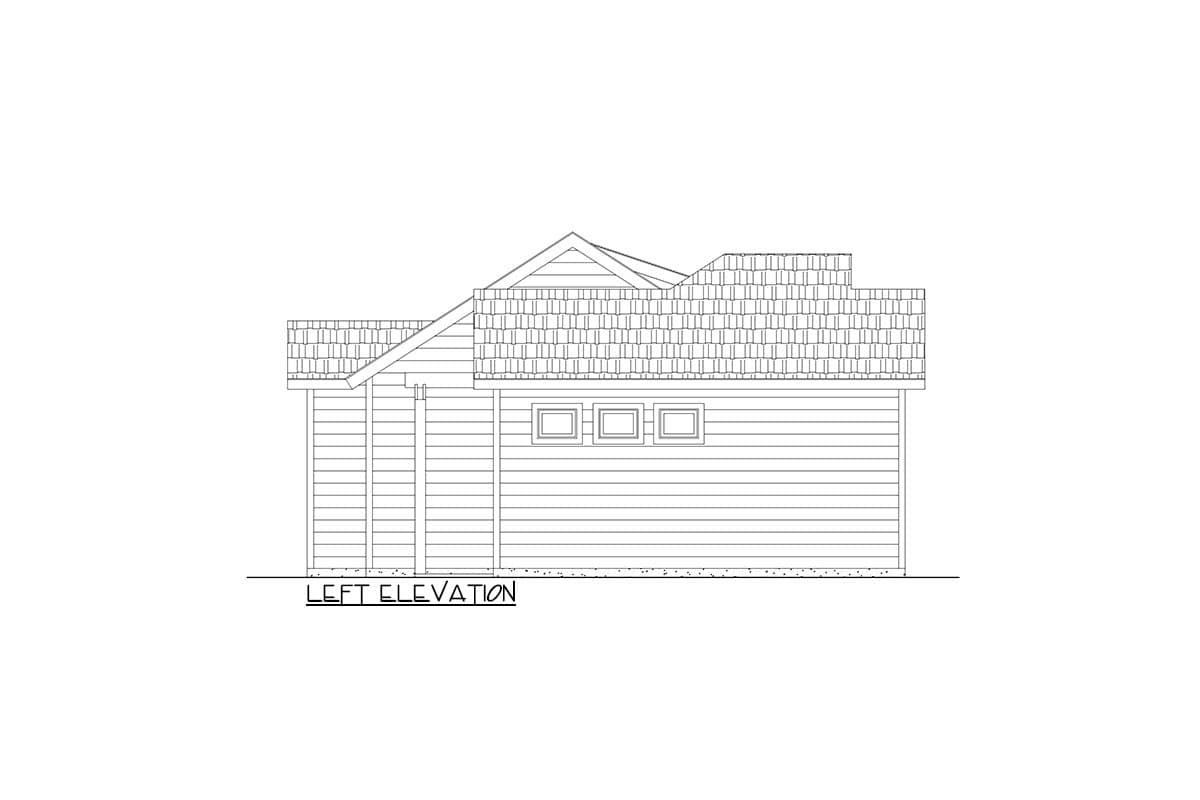 Left elevation drawing of a house plan featuring horizontal siding, a gable roof, and three small windows.