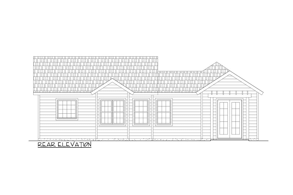 Rear elevation drawing of a house plan with hip roof, gabled dormer, and double doors.