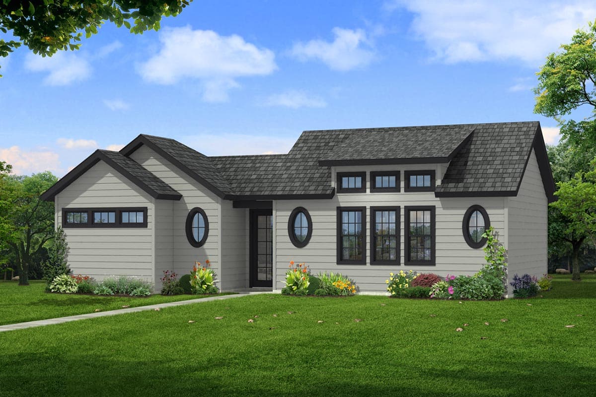 House plan exterior with horizontal siding, multiple gables, and a mix of rectangular and oval windows. Includes a covered entryway.