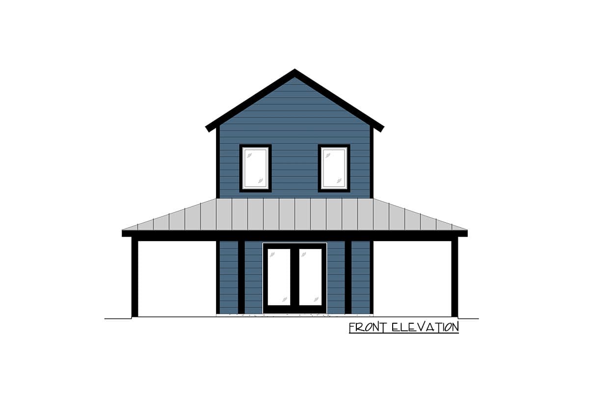 Front elevation drawing of a two-story house with horizontal siding, a gabled roof, and a covered porch.