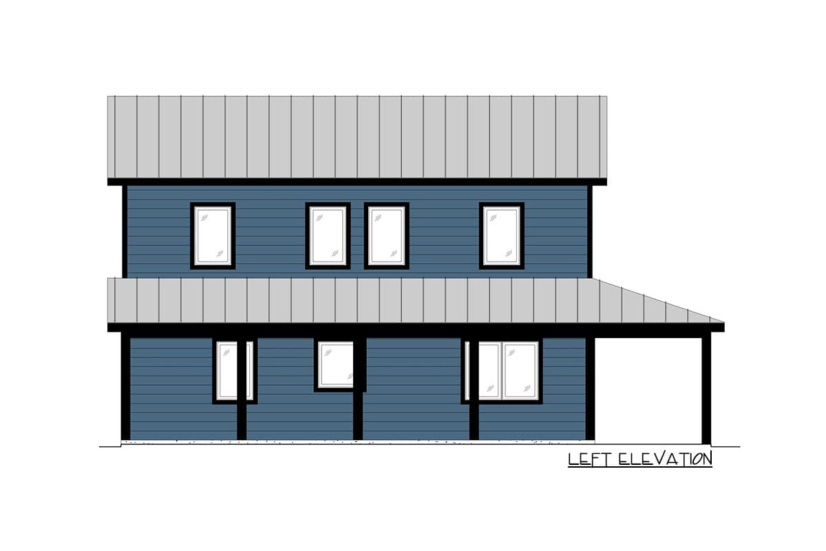 Left elevation of two-story house plan with horizontal siding, standing seam metal roof, and covered carport.