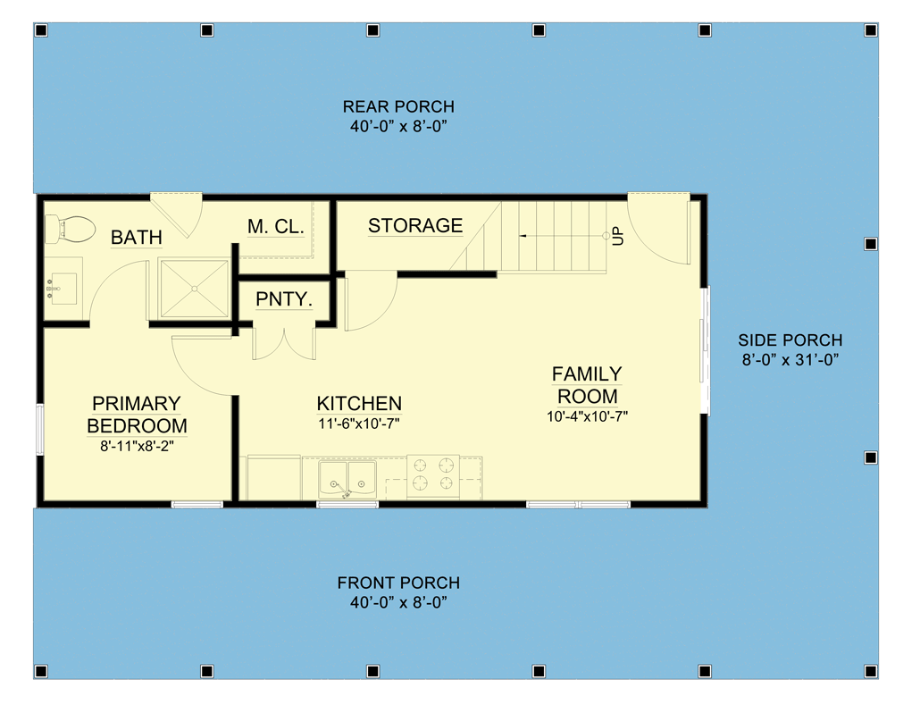 Plan 550003LAN: 918 Square Foot 3-Bed Contemporary Farmhouse with Wraparound Porch - Floor Plan - Main Level - Barndominium, Cabin, Country, Farmhouse, Modern Farmhouse, Rustic