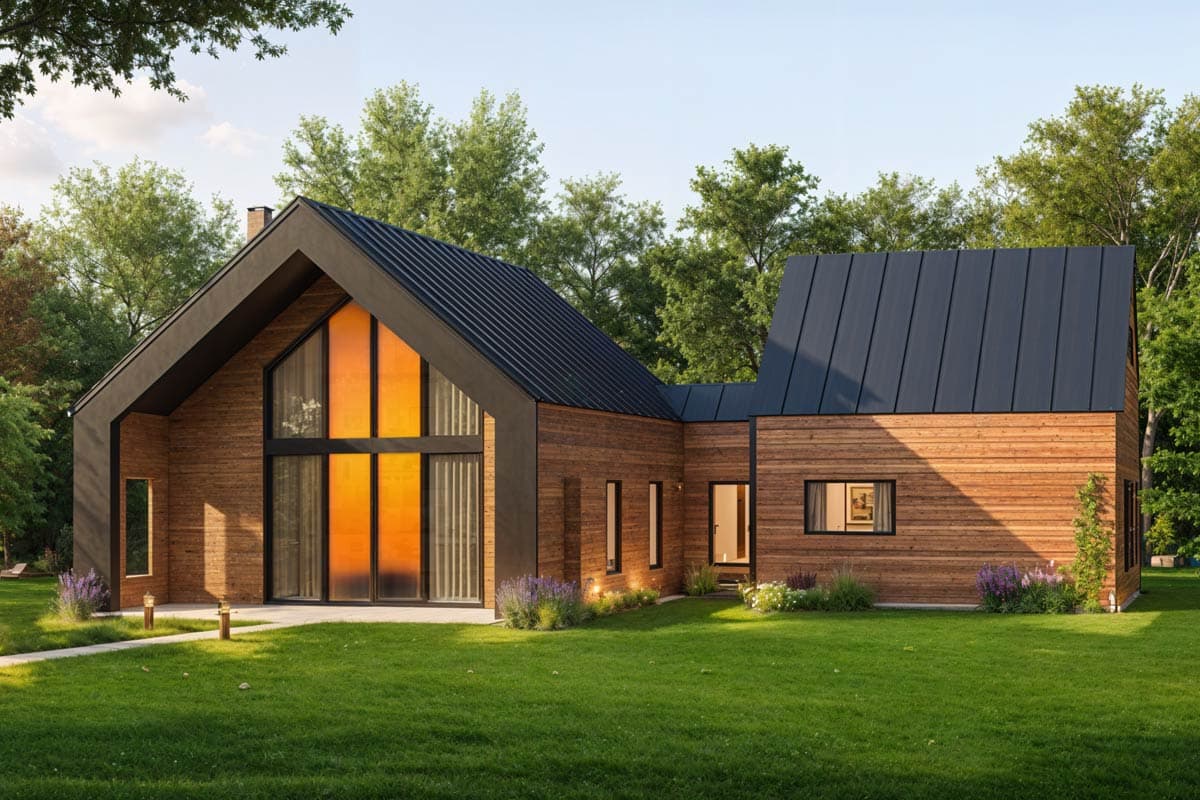 House plan exterior with modern style, one story, featuring a gabled roof, large windows, and contrasting black trim.