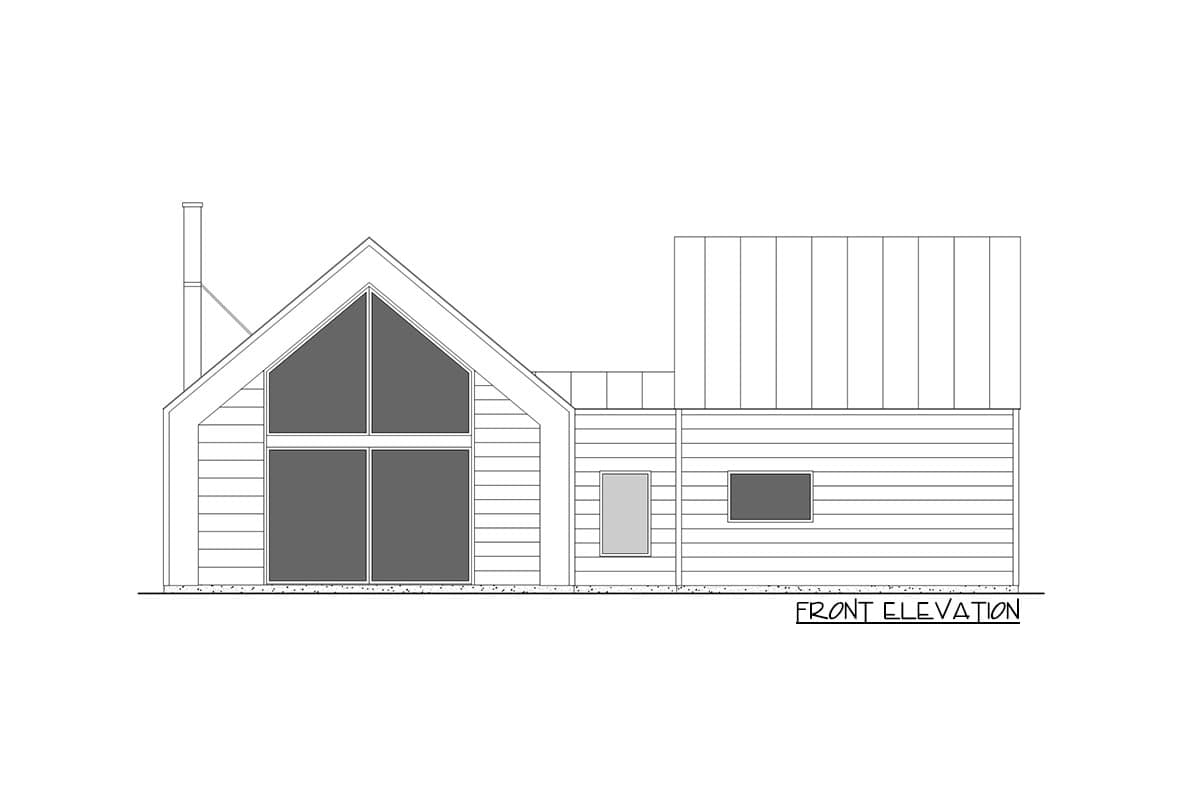 Front elevation drawing of a house with a prominent gable end featuring large windows and a metal roof.