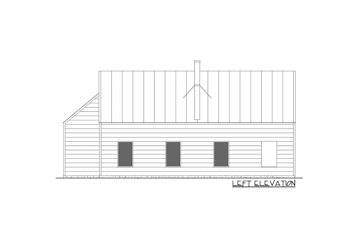 Left elevation drawing of a house plan showing horizontal siding, a standing seam roof, three windows, a door, and a chimney.