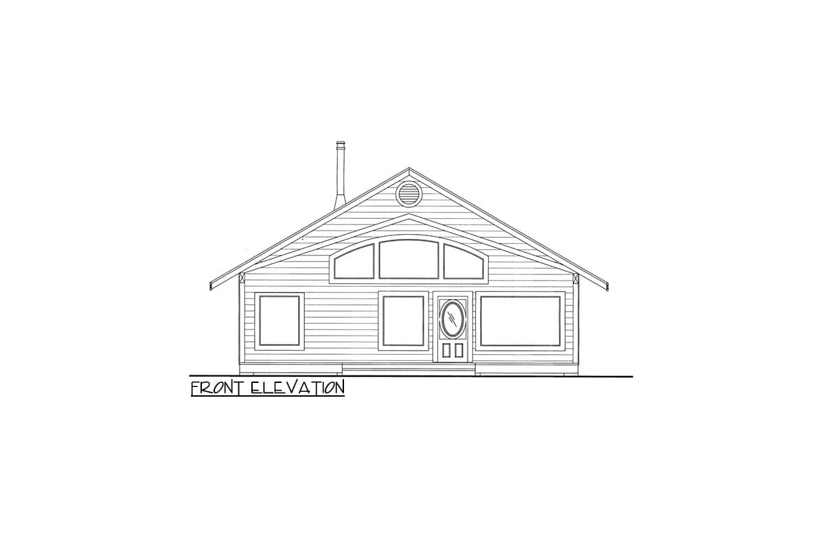 Front elevation drawing of a house plan featuring a prominent gable with arched windows and a centered door.