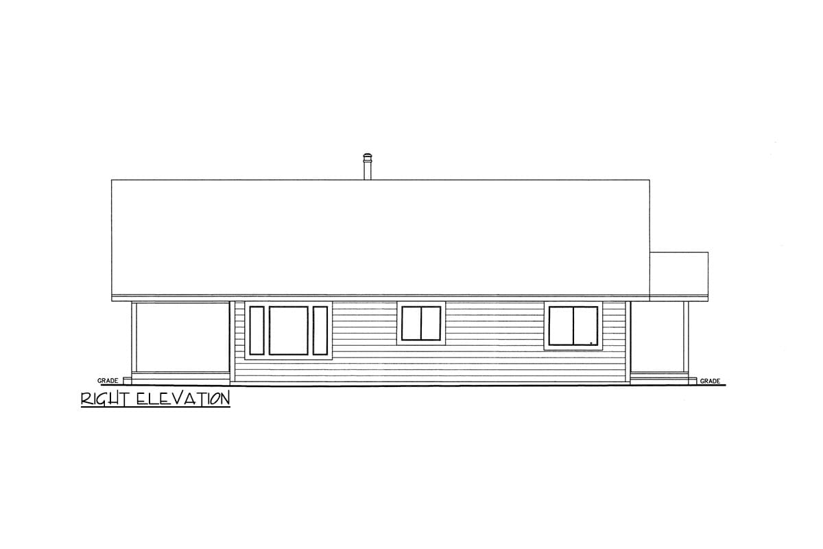Right elevation drawing of a one-story house plan with a simple roofline, a prominent chimney, and a covered porch.