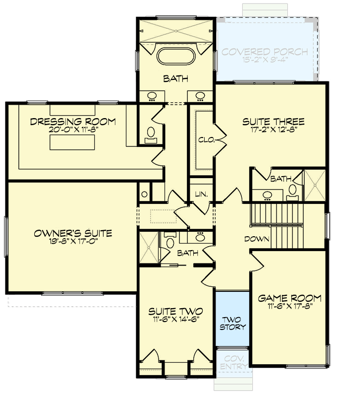 Plan 93190EL: 3531 Square Foot Contemporary House Plan with Upstairs Game Room - Floor Plan - 2nd Floor - Contemporary, Mid Century Modern, Modern, Transitional