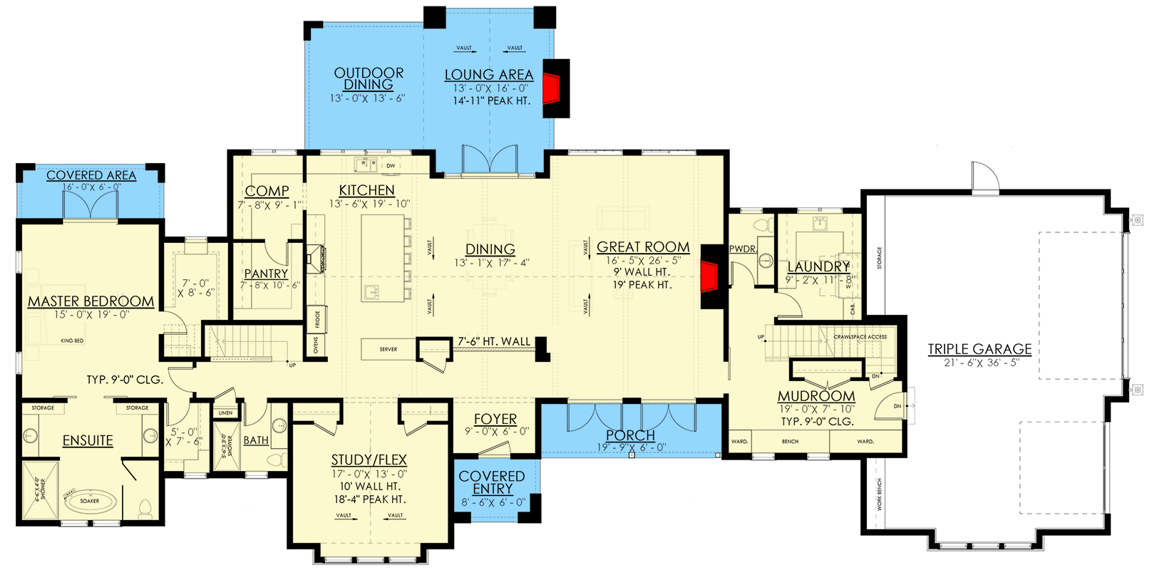 Plan 270079AF: 4300 Square Foot New American House Plan with 2-Story Ceilings in the Core - Floor Plan - Main Level - Country, Craftsman, New American, Transitional