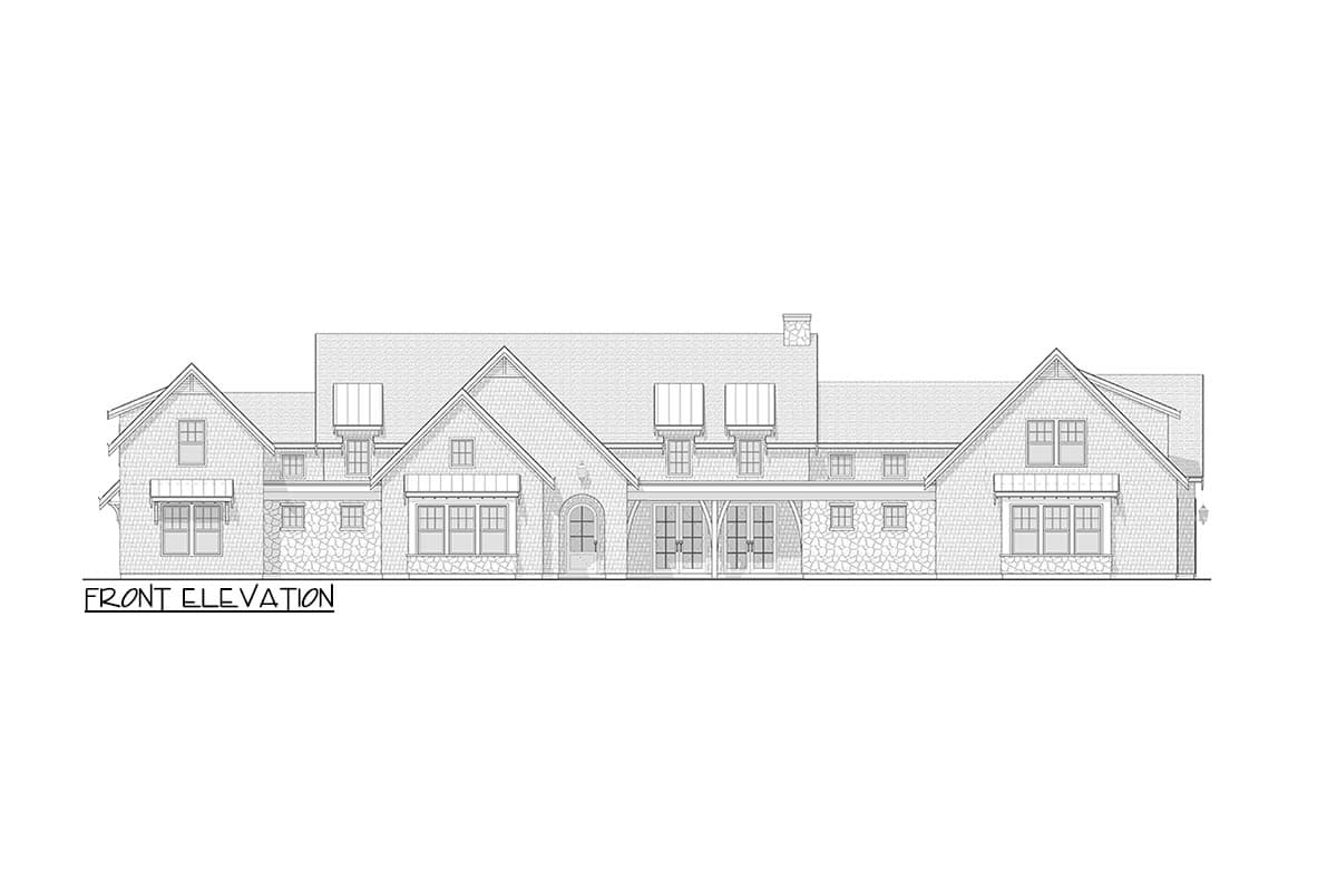 Front elevation architectural drawing of a large house with gables, dormers, stone accents, and a covered porch.