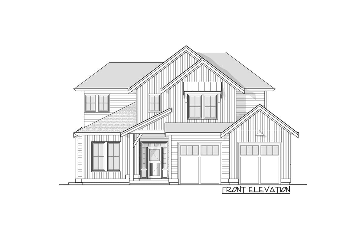 Front elevation drawing of a two-story house plan featuring a covered entryway, multiple gables, and an attached two-car garage.