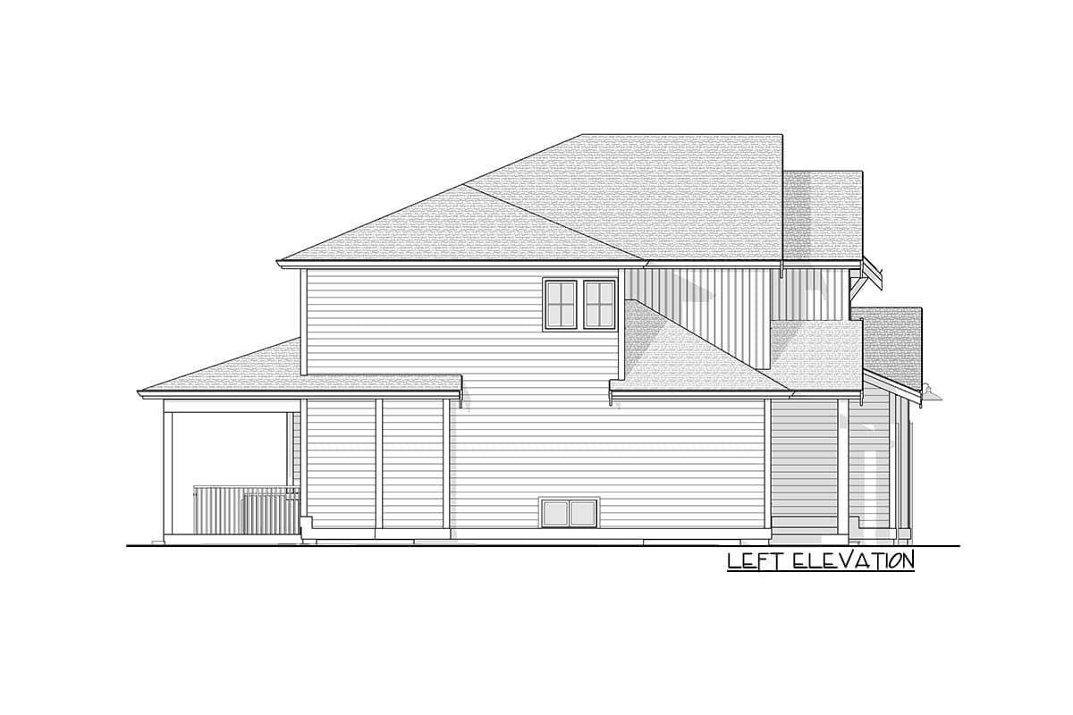 Left elevation house plan: two-story structure with covered porch, intersecting gables, and varied siding.