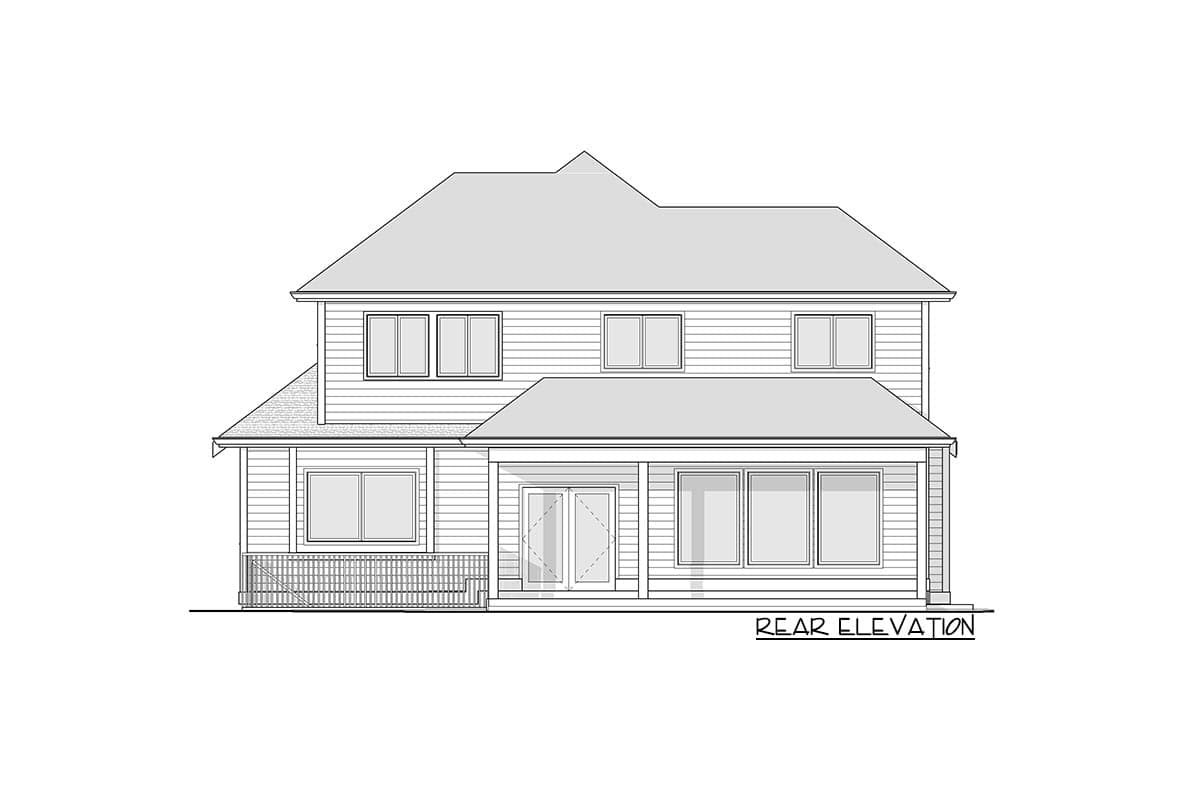 Rear elevation drawing of a two-story house plan with a covered porch, double doors, and multiple windows.