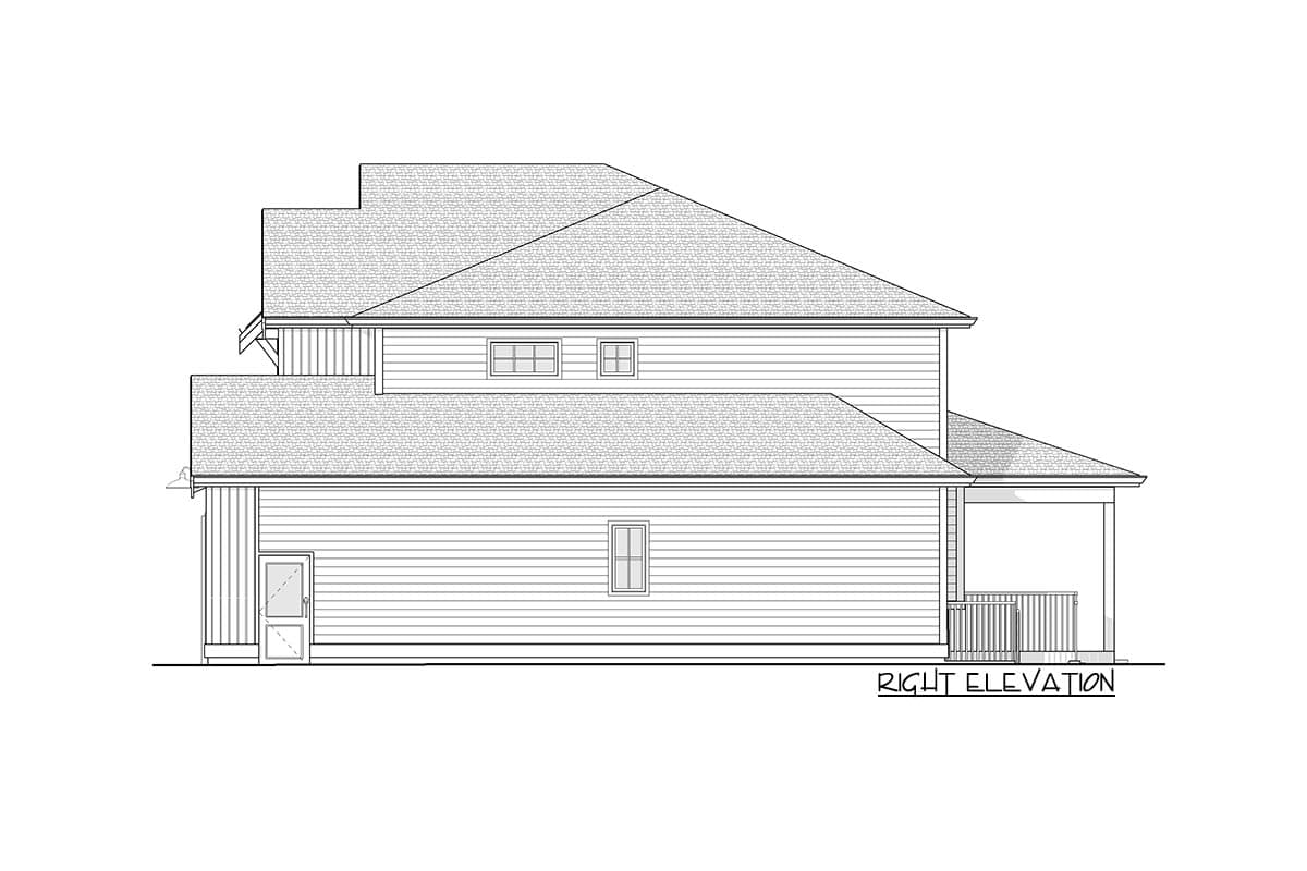 House plan right elevation drawing showing a two-story structure with a covered porch, gabled rooflines, and horizontal siding.