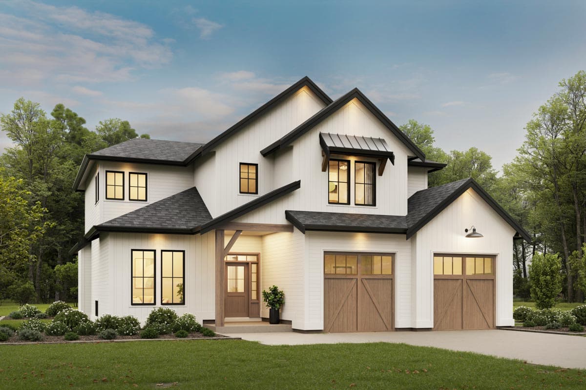 House plan exterior. Two-story Modern Farmhouse with gables, a front porch with timber supports, and a two-car garage with wood doors.