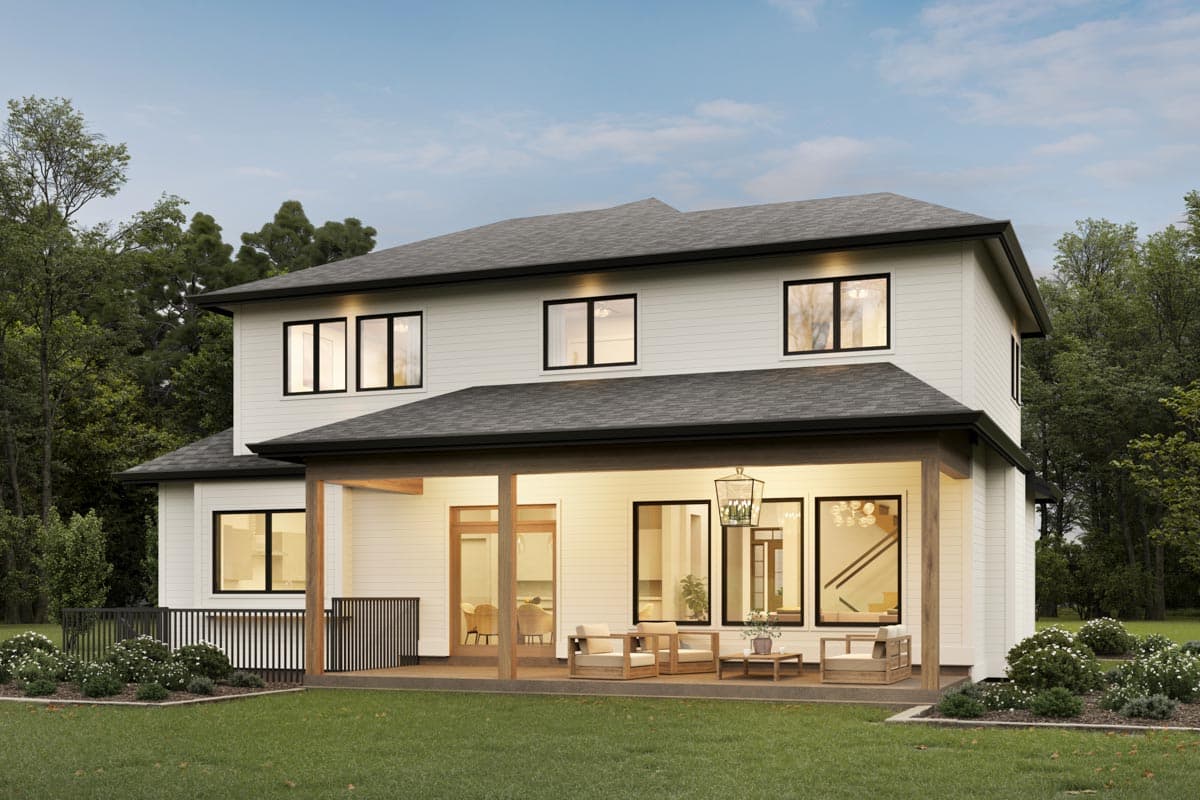 House plan exterior: two-story Modern Farmhouse with covered porch, gables, and dark-trimmed windows.