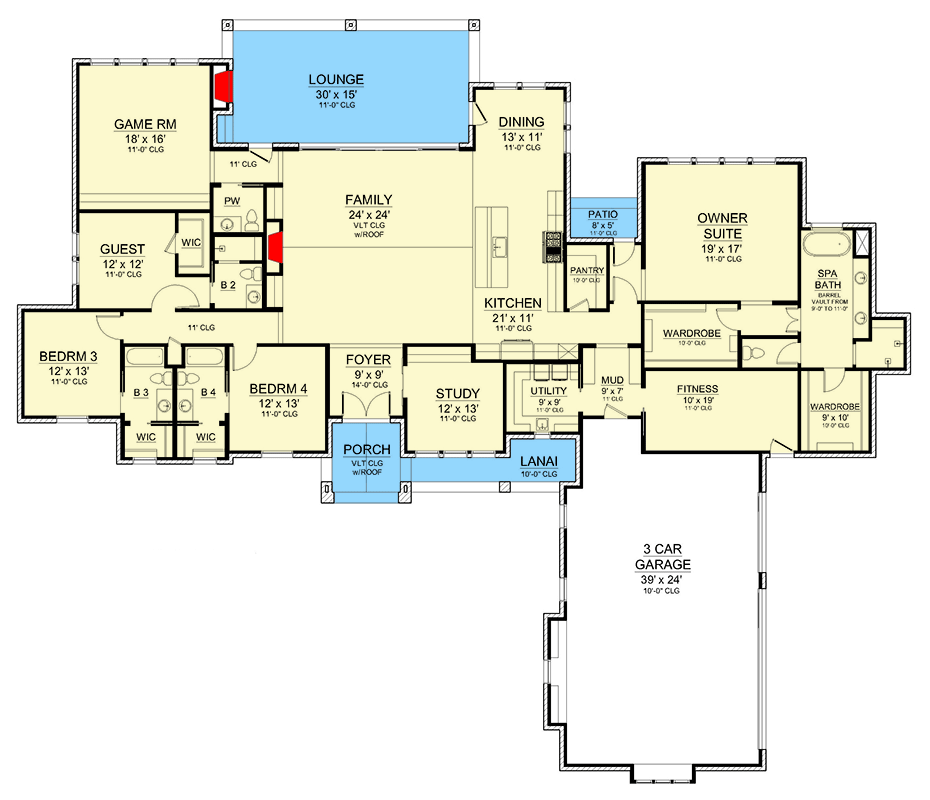 Plan 36689TX: One-Level Hill Country Home Plan with Study and Fitness Room - Floor Plan - Main Level - European, Hill Country, Ranch, Transitional