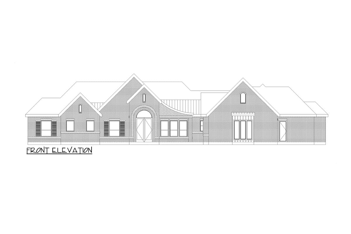 Front elevation drawing of a single-story brick house with arched double doors, gabled rooflines, and multiple windows.