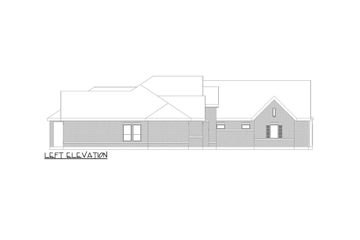 Left elevation house plan showing brick exterior, various rooflines, gables, dormers, and multiple windows.
