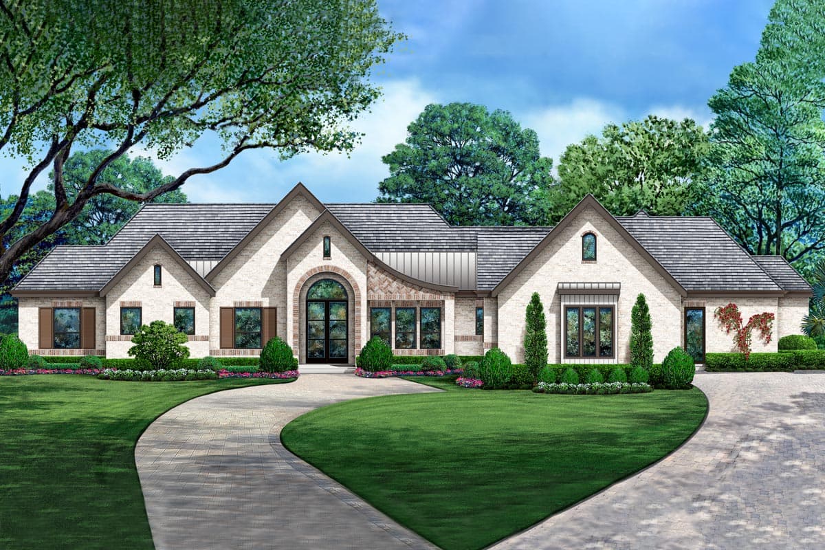 House plan exterior with brick facade, multi-gable roof, arched entry, and shuttered windows. Single-story design with a curved driveway.