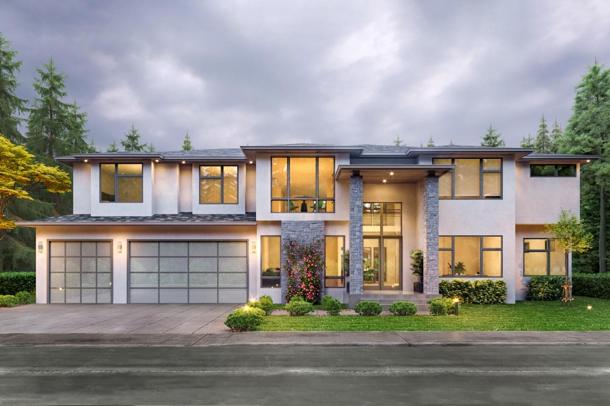 Modern house plan exterior with two stories, flat roof, and stone-clad columns. Features include large windows and a two-car garage.