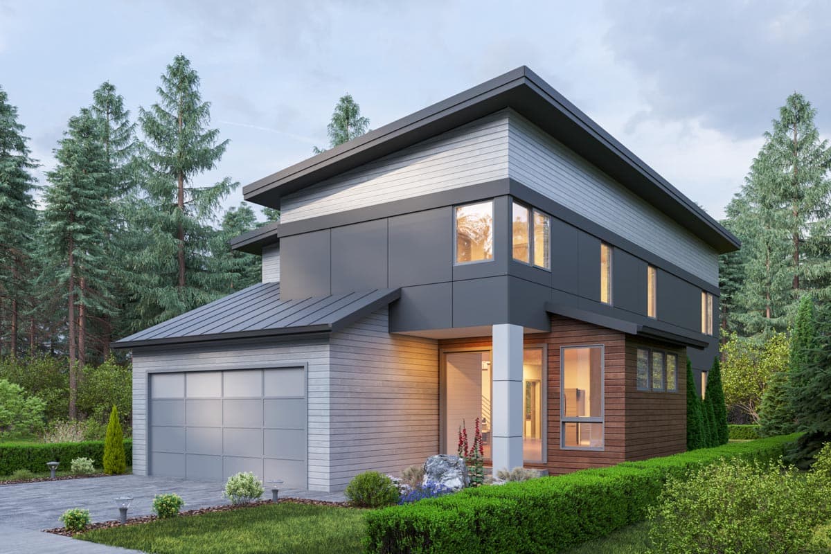 Modern two-story house plan exterior with a detached garage, flat rooflines, and mixed siding materials.