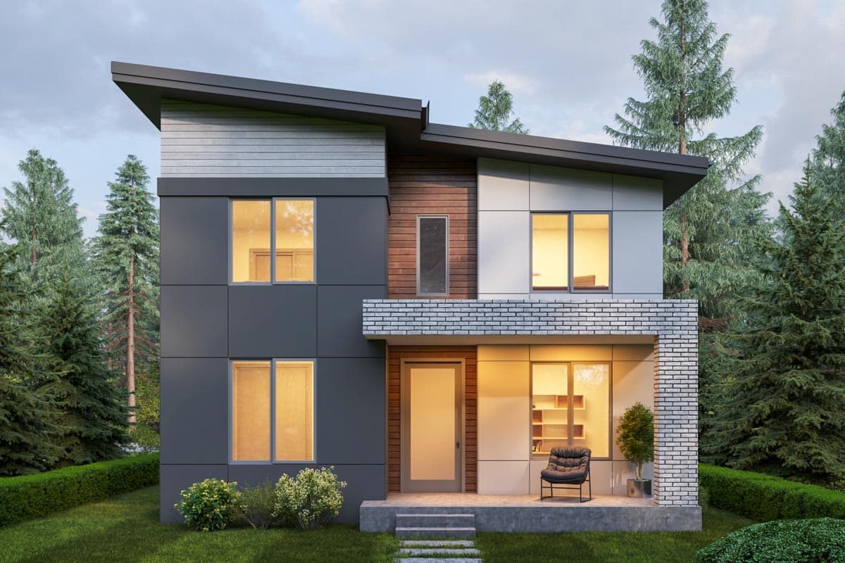 Modern two-story house plan exterior with asymmetrical rooflines, mixed materials, and large windows.