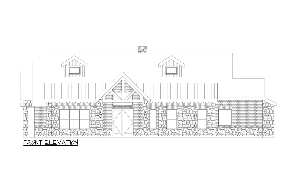 Front elevation drawing of a house with stone and brick facade, metal roof, dormers, and gable entry.