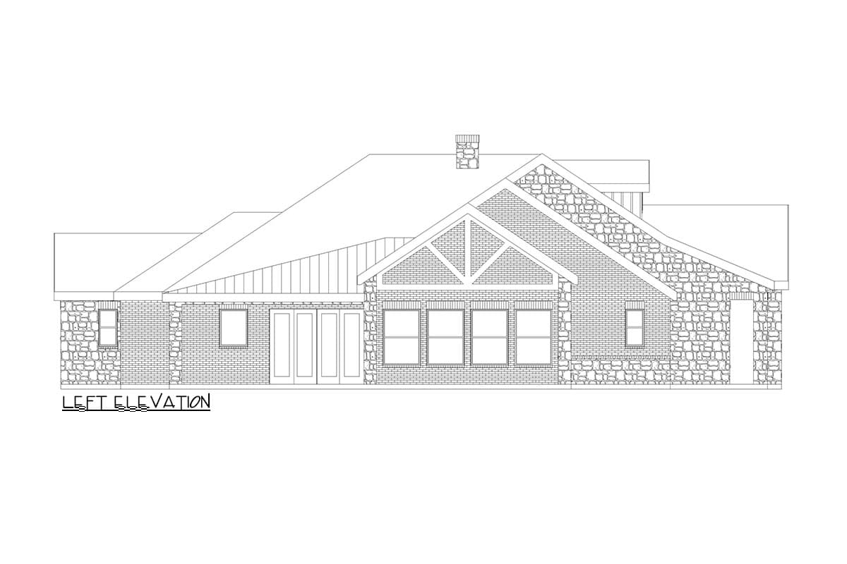 Left elevation house plan showing brick and stone exterior, multi-level rooflines, gable with wood accents, and multiple windows.