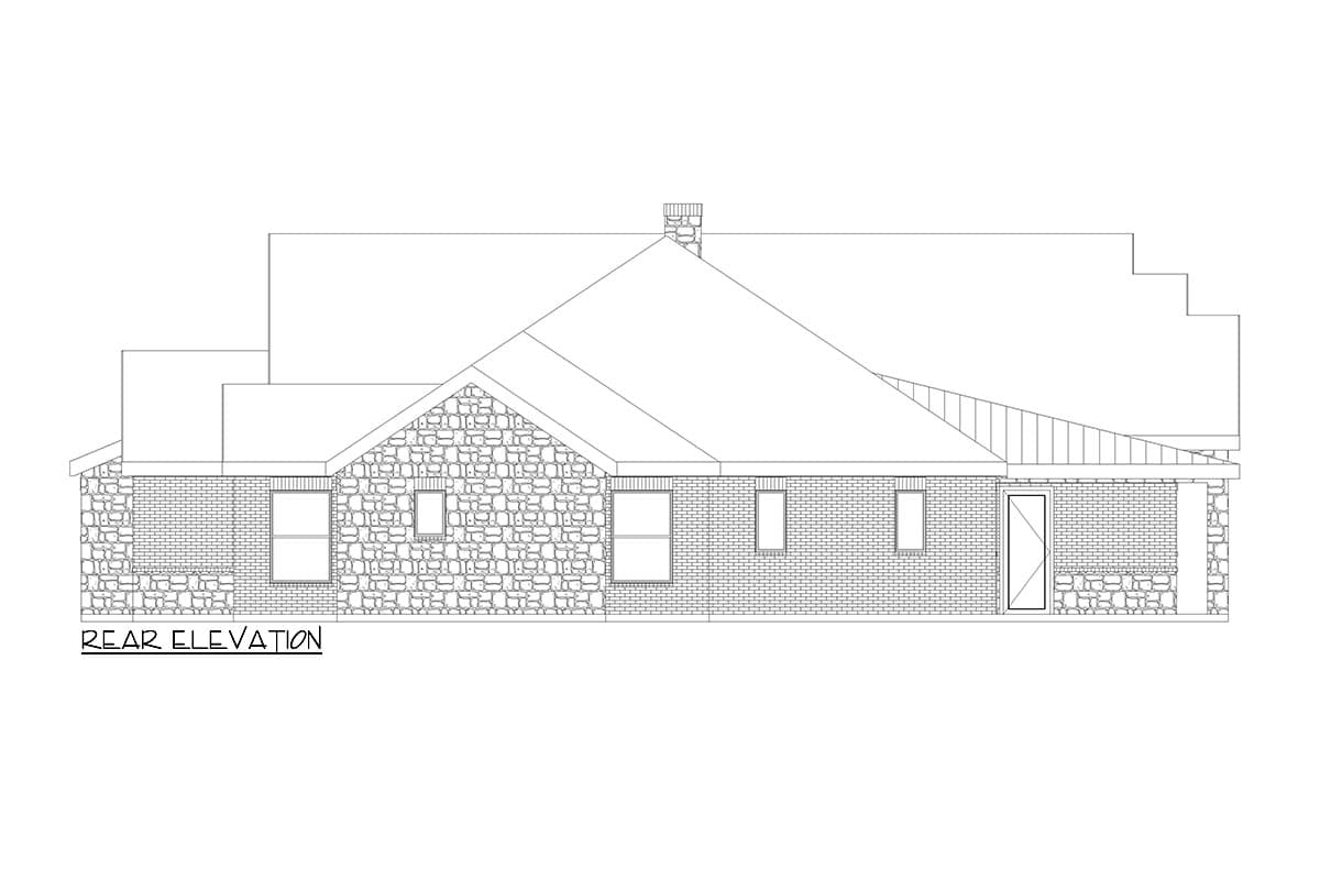 Rear elevation house plan. One-story structure with brick and stone exterior, gabled roof, chimney, and multiple windows.