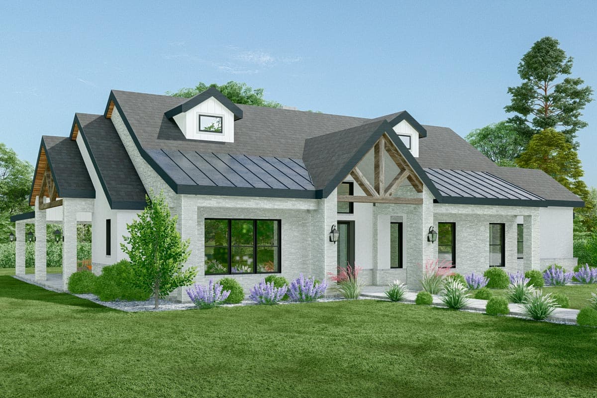 House plan exterior: Modern Farmhouse style, one story, with stone accent walls, gables, dormers, and a metal gable roof over the entrance.