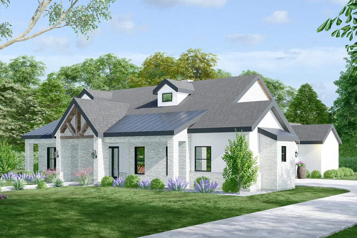 House plan exterior of a one-story modern farmhouse with stone accents, gabled dormers, and a covered entry with exposed wood beams.