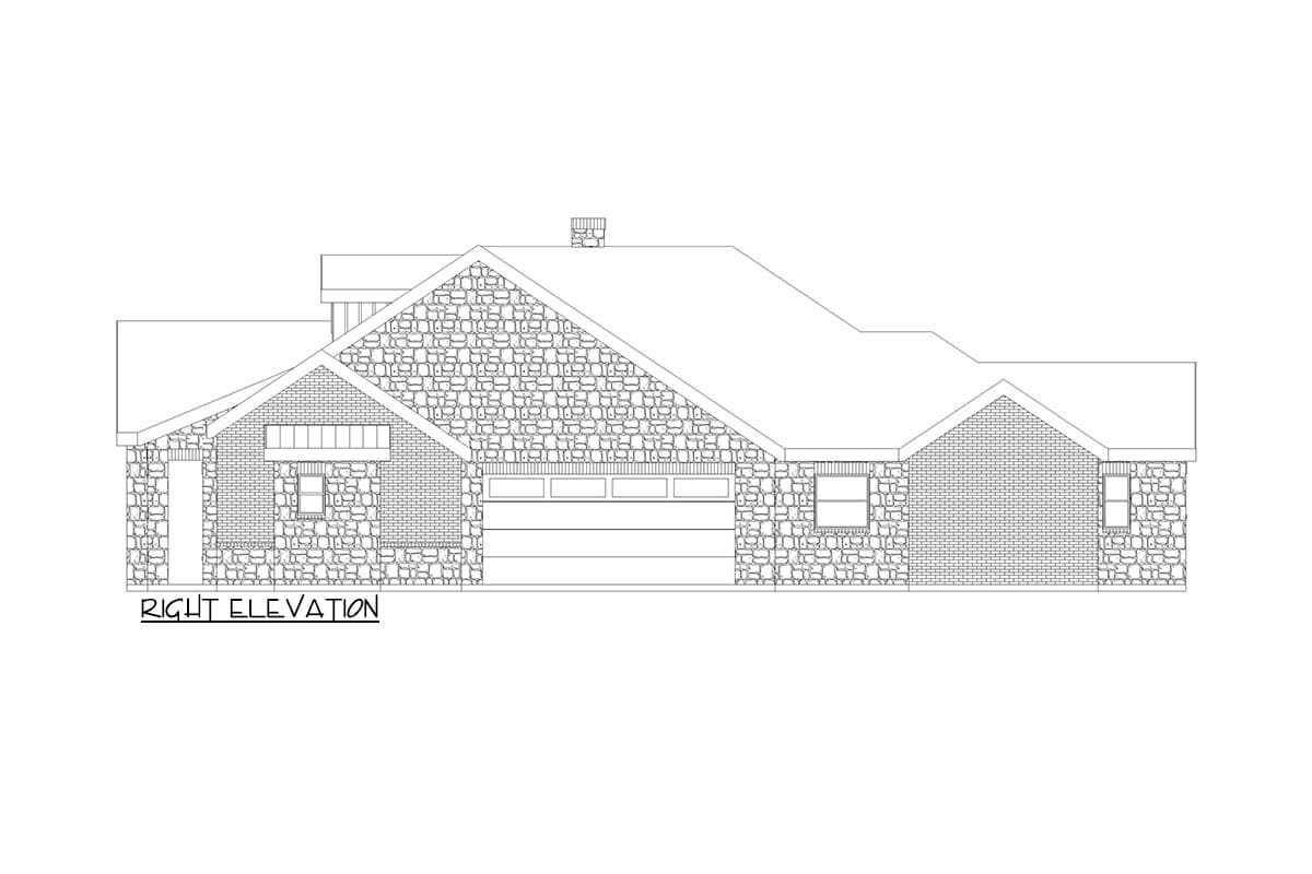 Right elevation house plan. Features stone and brick exterior, gabled rooflines, a two-car garage, and windows.
